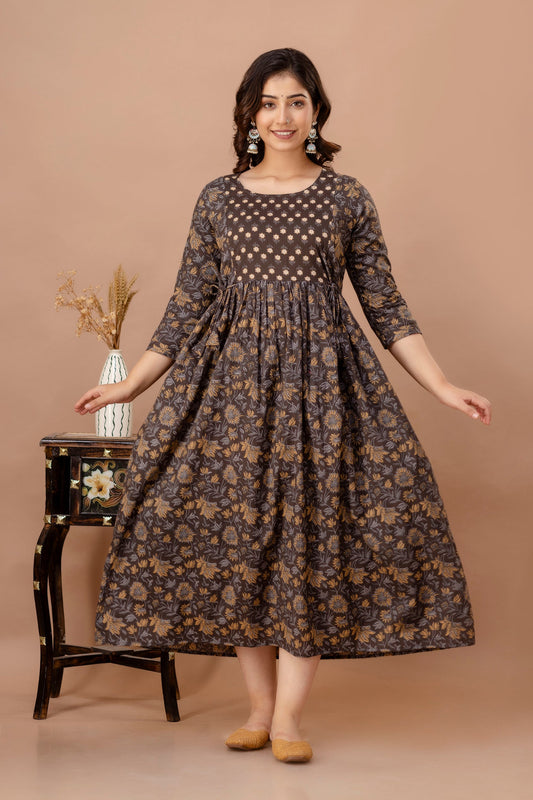 Brown Leaf Print Cotton Maternity Feeding Kurti