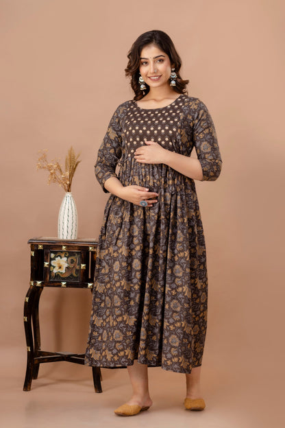 Brown Leaf Print Cotton Maternity Feeding Kurti