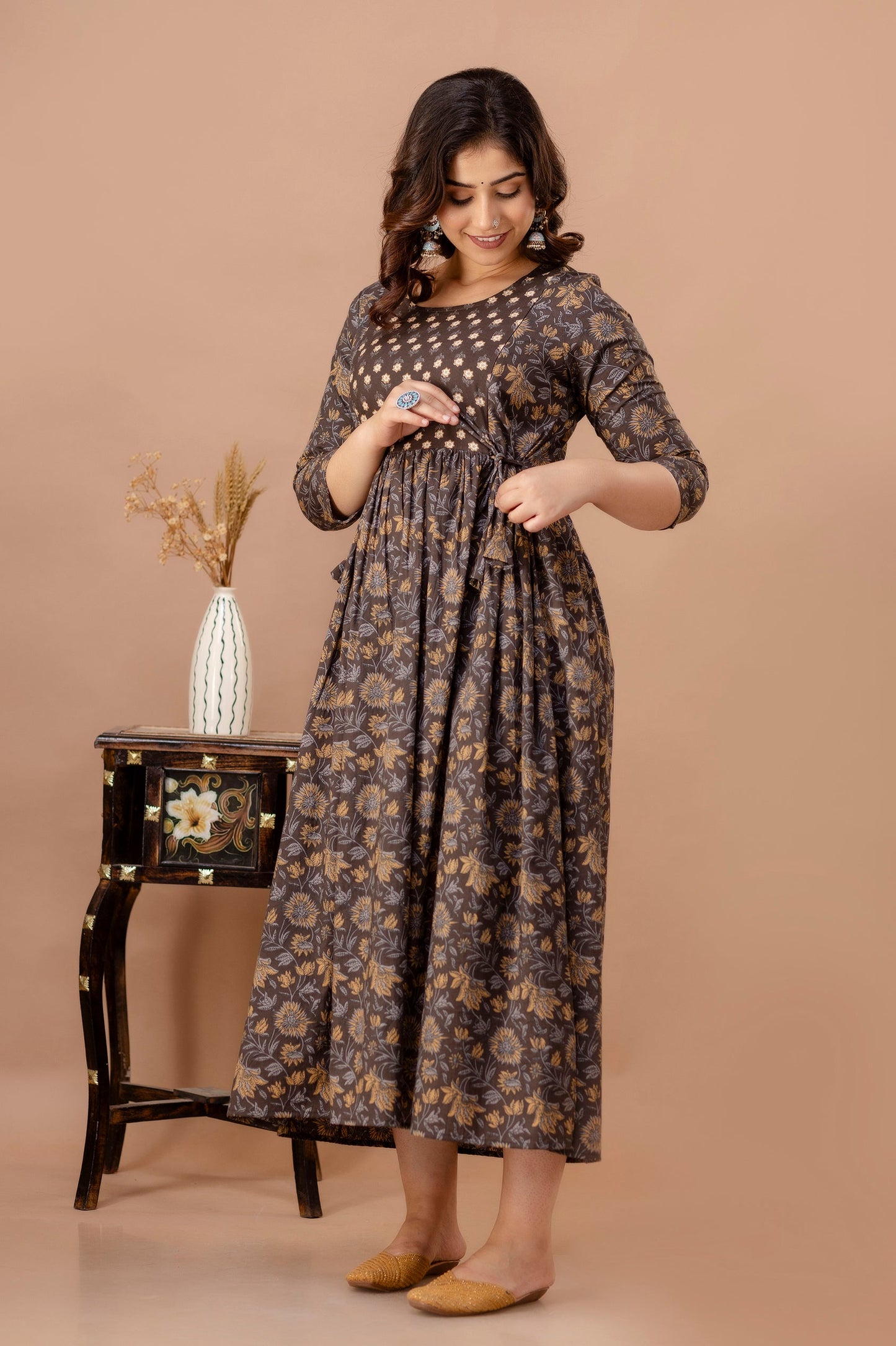 Brown Leaf Print Cotton Maternity Feeding Kurti