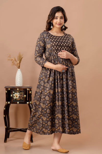 Brown Leaf Print Cotton Maternity Feeding Kurti