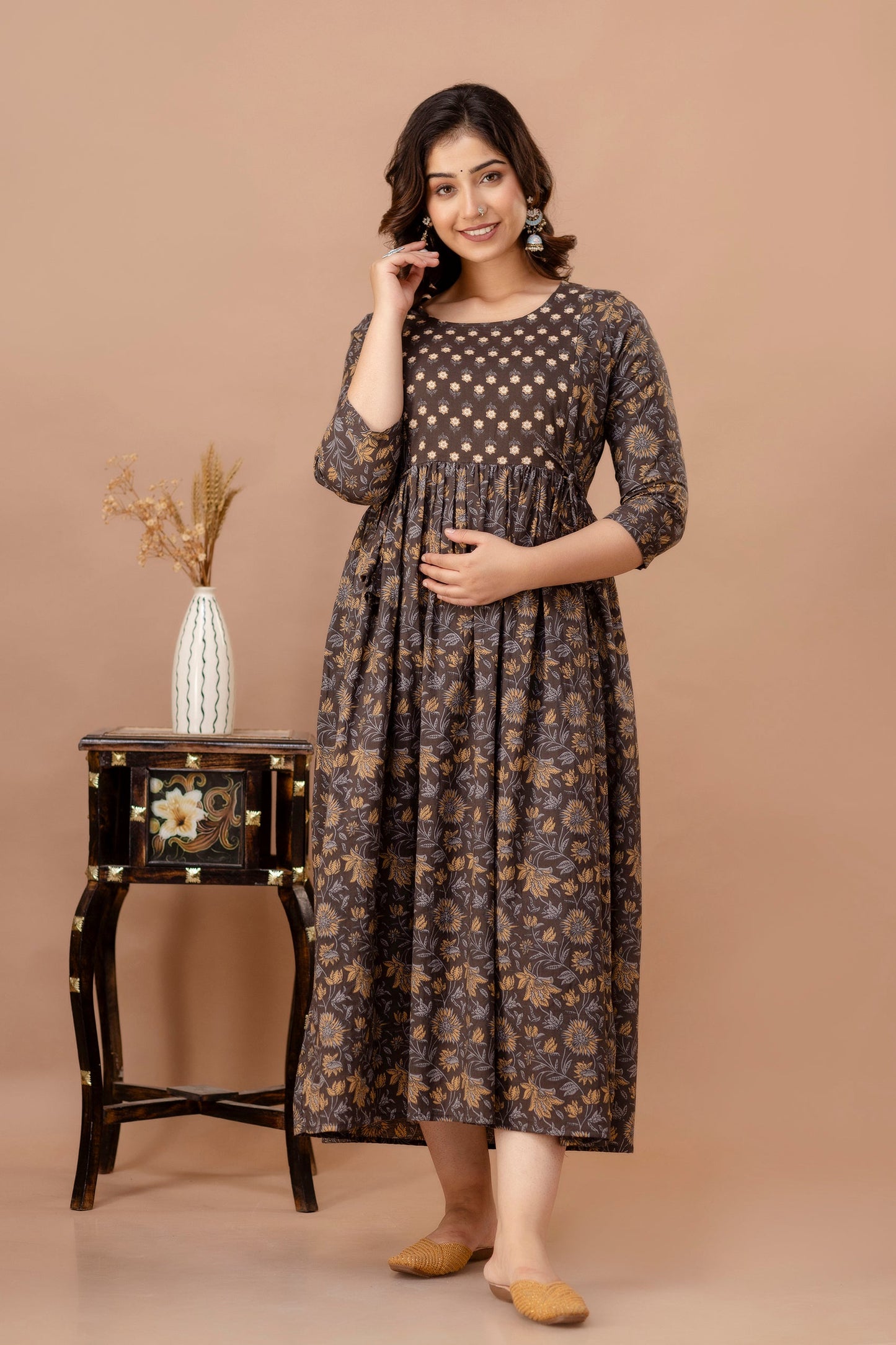 Brown Leaf Print Cotton Maternity Feeding Kurti