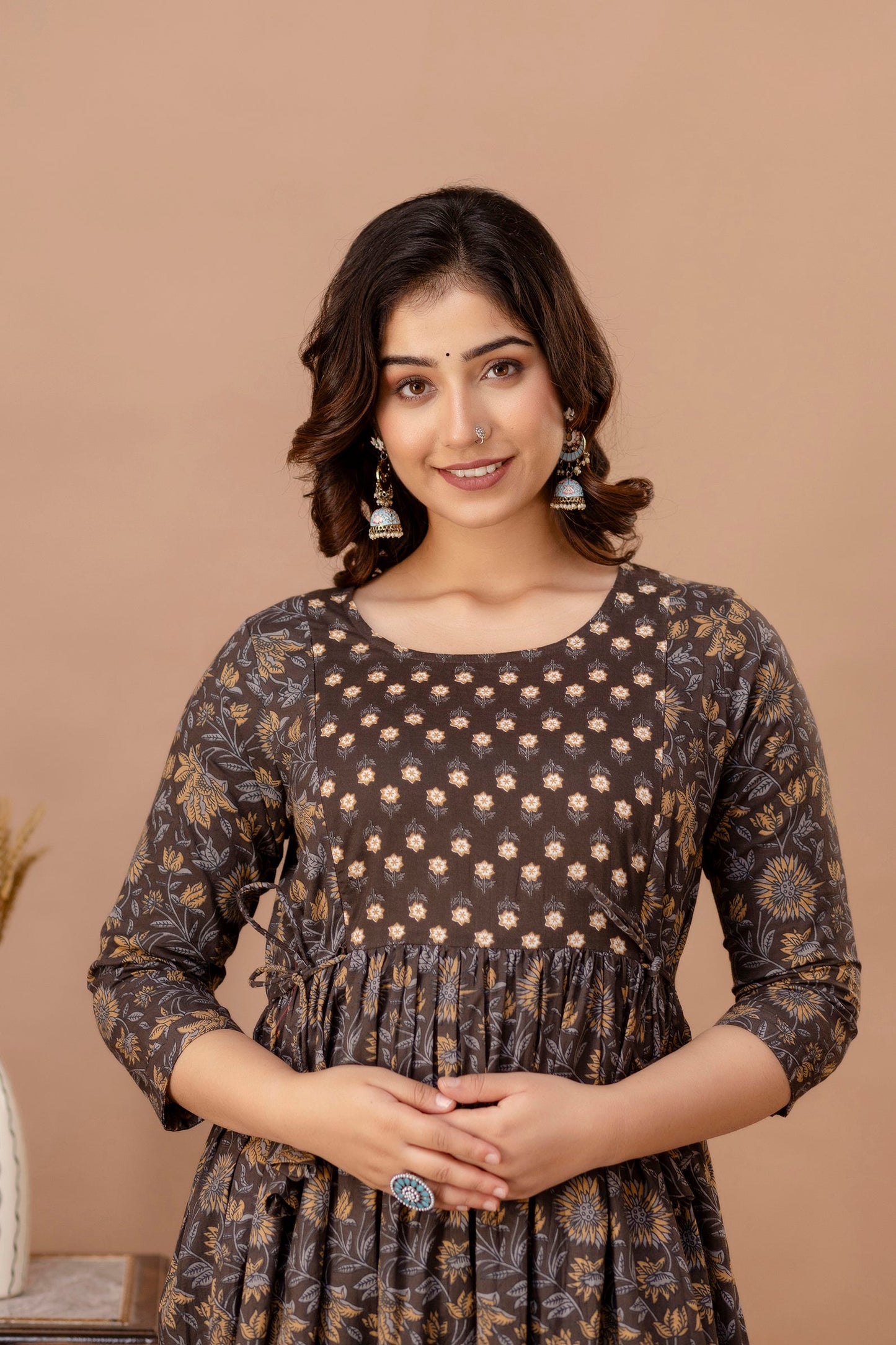 Brown Leaf Print Cotton Maternity Feeding Kurti