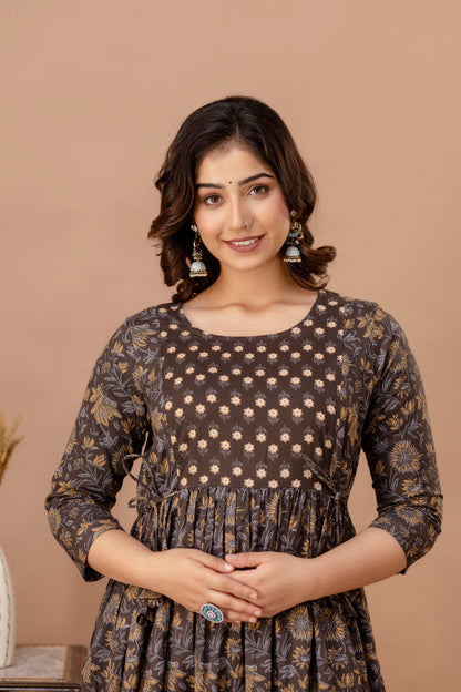 Brown Leaf Print Cotton Maternity Feeding Kurti