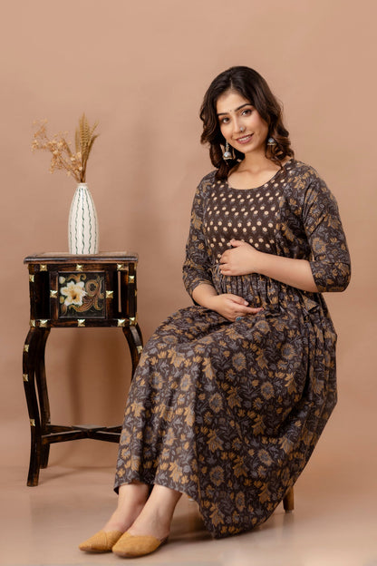 Brown Leaf Print Cotton Maternity Feeding Kurti