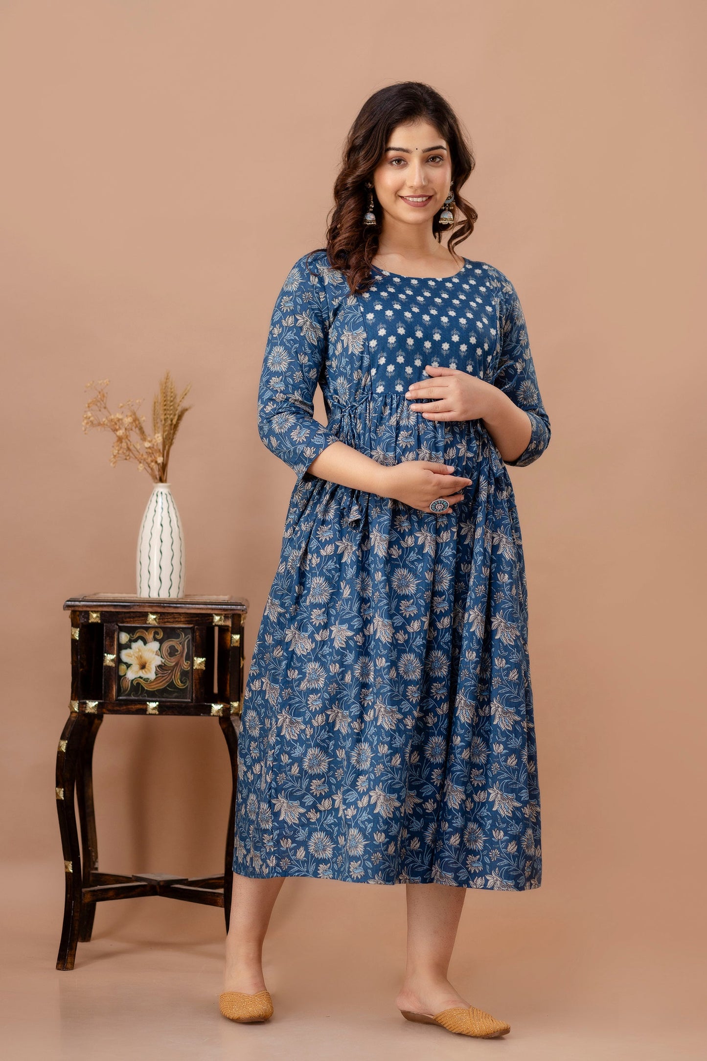 Blue Leaf Print Cotton Maternity Feeding Kurti