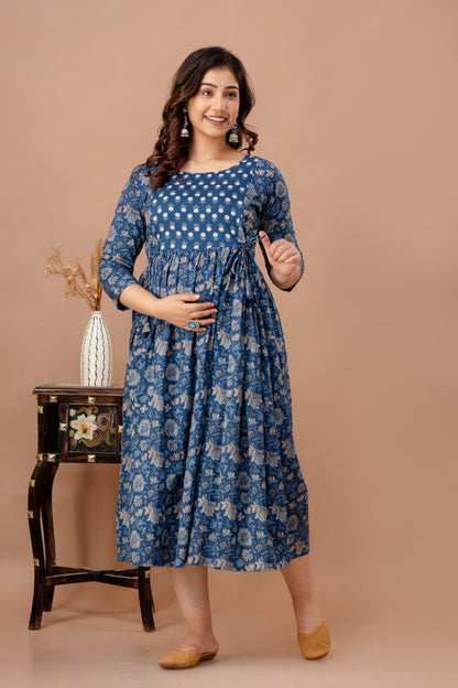 Blue Leaf Print Cotton Maternity Feeding Kurti