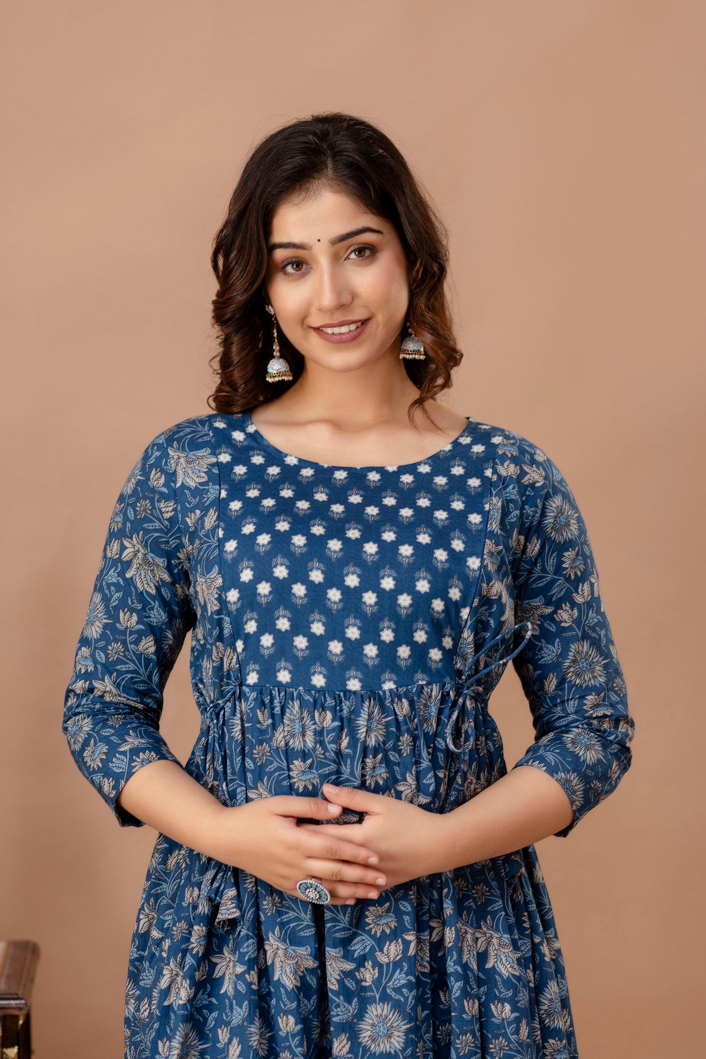 Blue Leaf Print Cotton Maternity Feeding Kurti