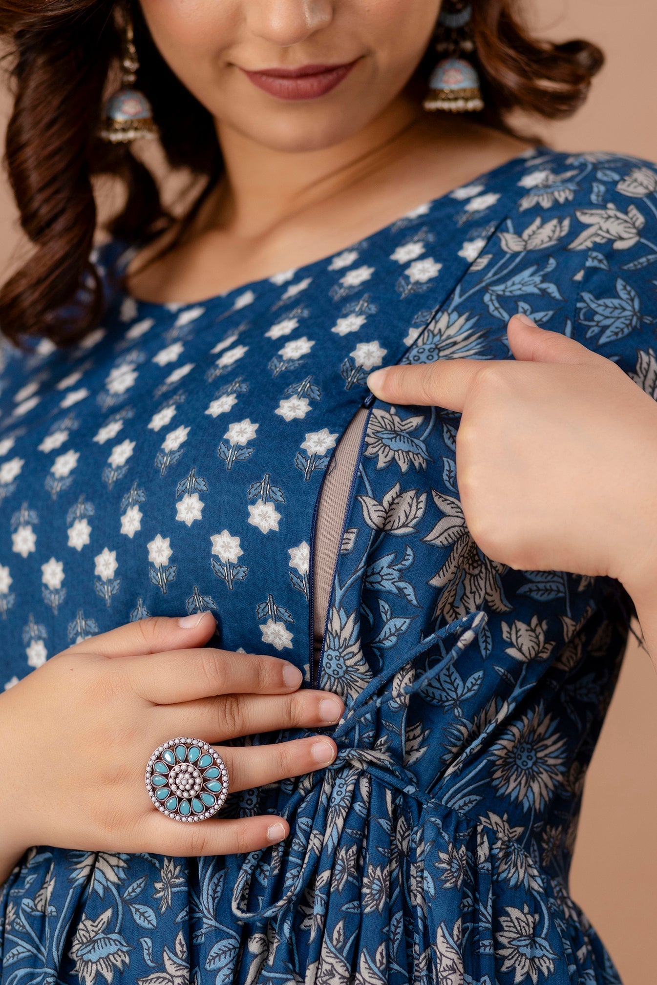 Blue Leaf Print Cotton Maternity Feeding Kurti