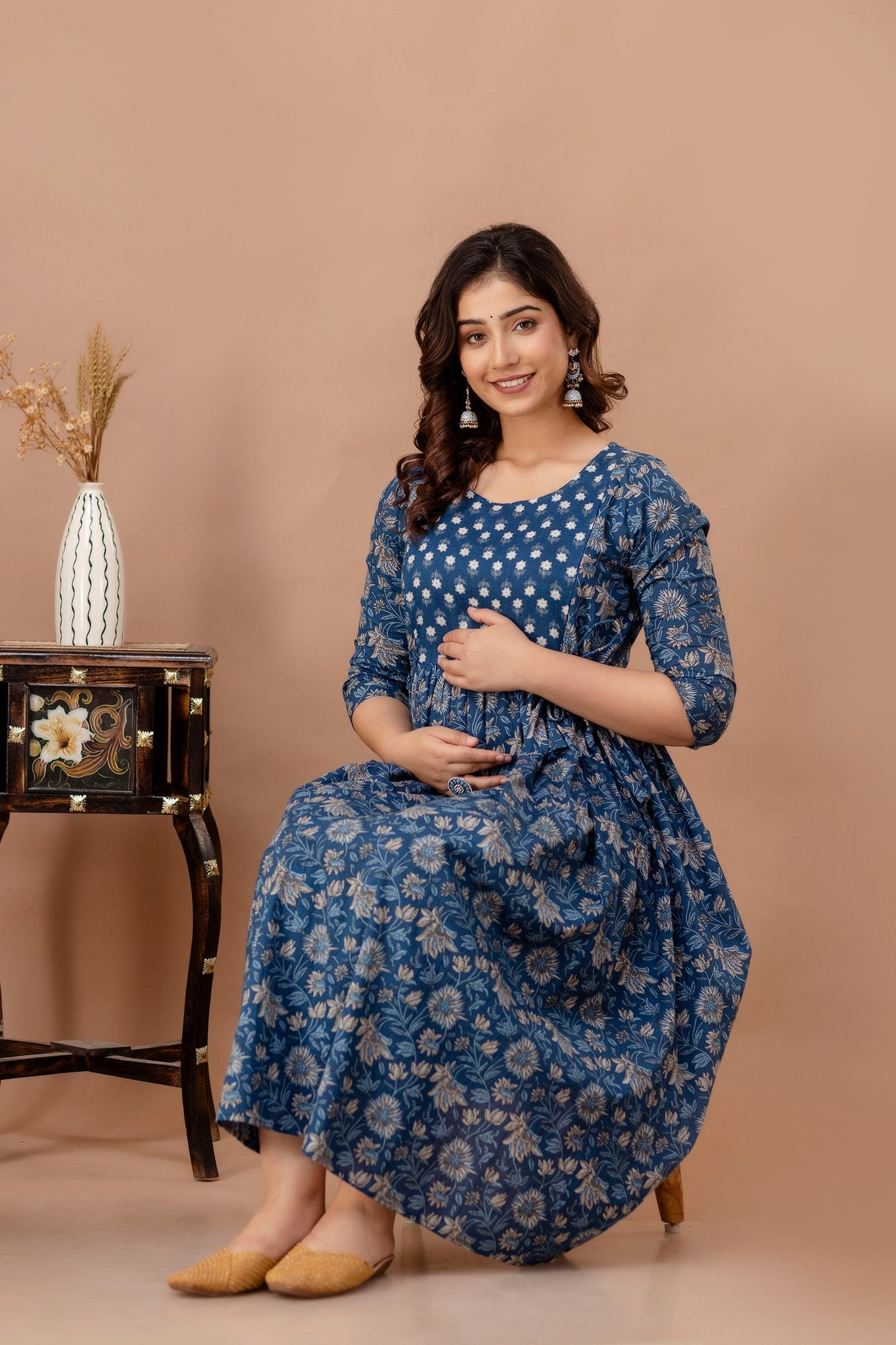 Blue Leaf Print Cotton Maternity Feeding Kurti