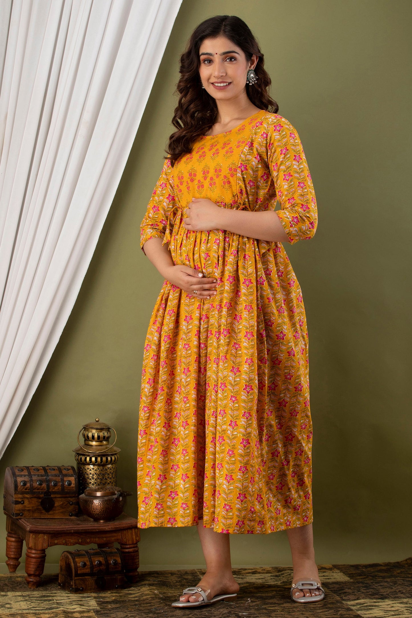 Women's Pure Cotton Printed Maternity Gown Feeding Dress