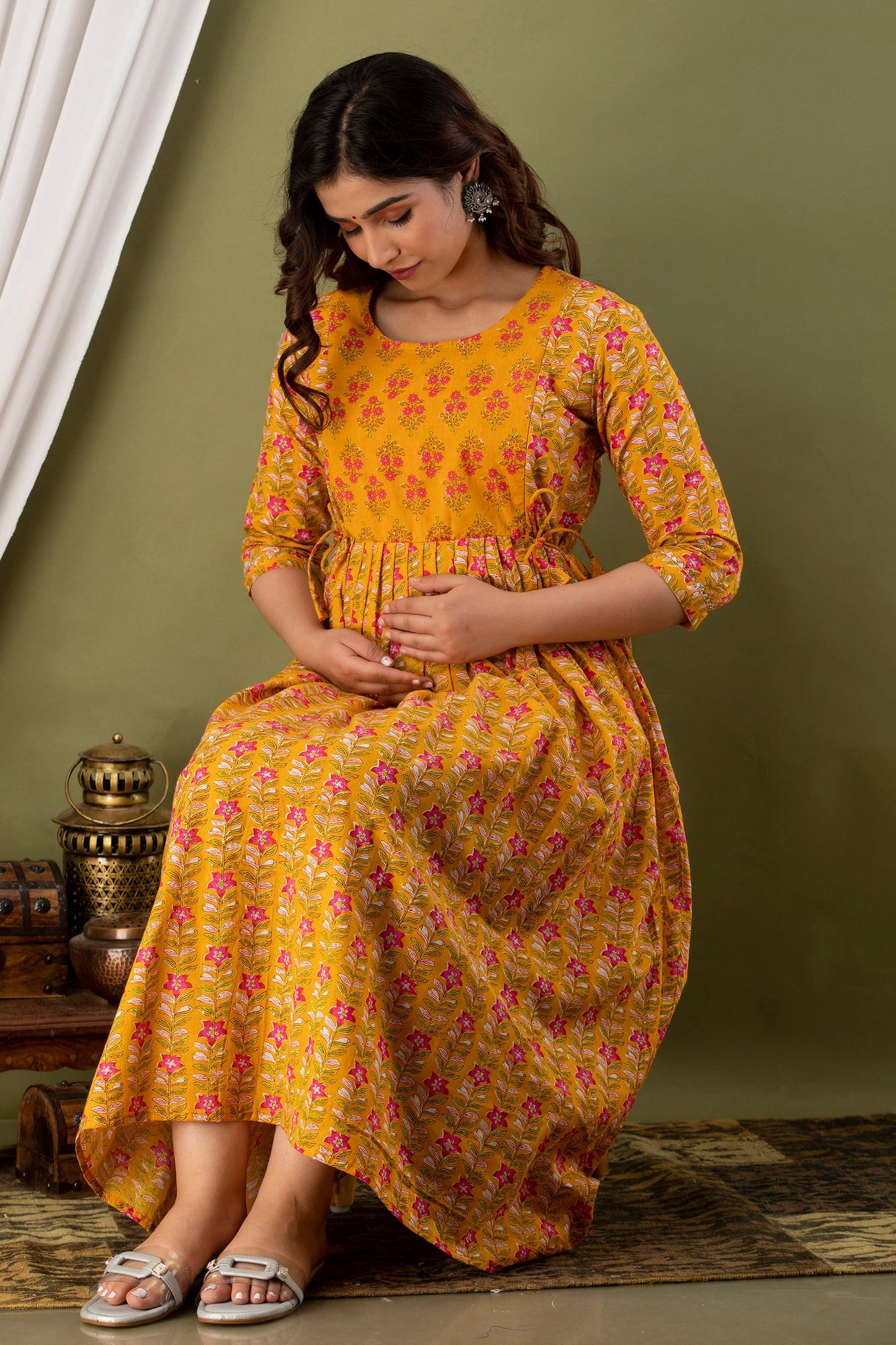 Women's Pure Cotton Printed Maternity Gown Feeding Dress