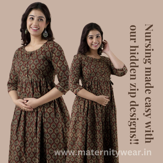 Cotton Maternity Cum Feeding Kurti Dress For Pre & Post Maternity (Brown)