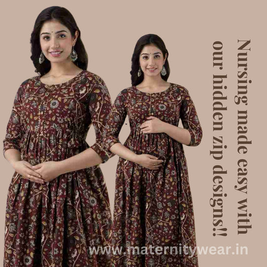 Cotton Maternity Cum Feeding Kurti Dress For Pre & Post Maternity (Brown)