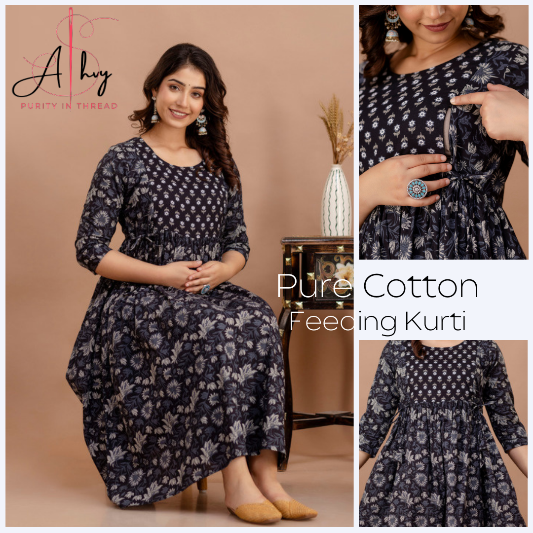 Black Leaf Print Cotton Maternity Feeding Kurti