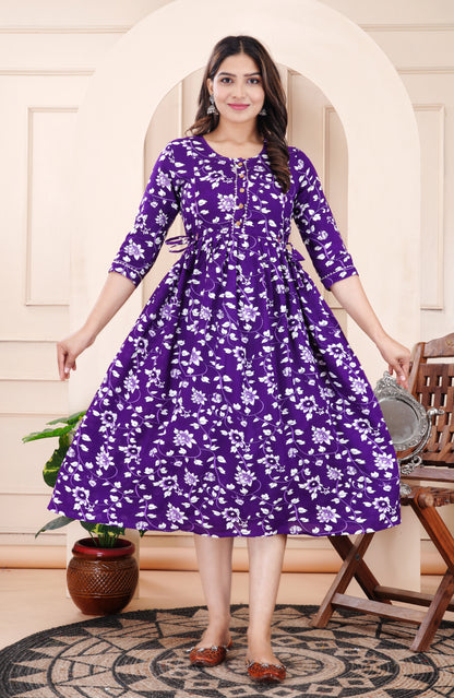 Indigo Floral Print Cotton Maternity Feeding Kurti