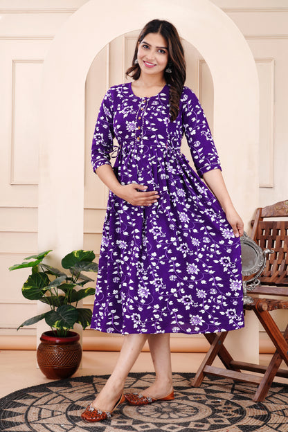 Indigo Floral Print Cotton Maternity Feeding Kurti