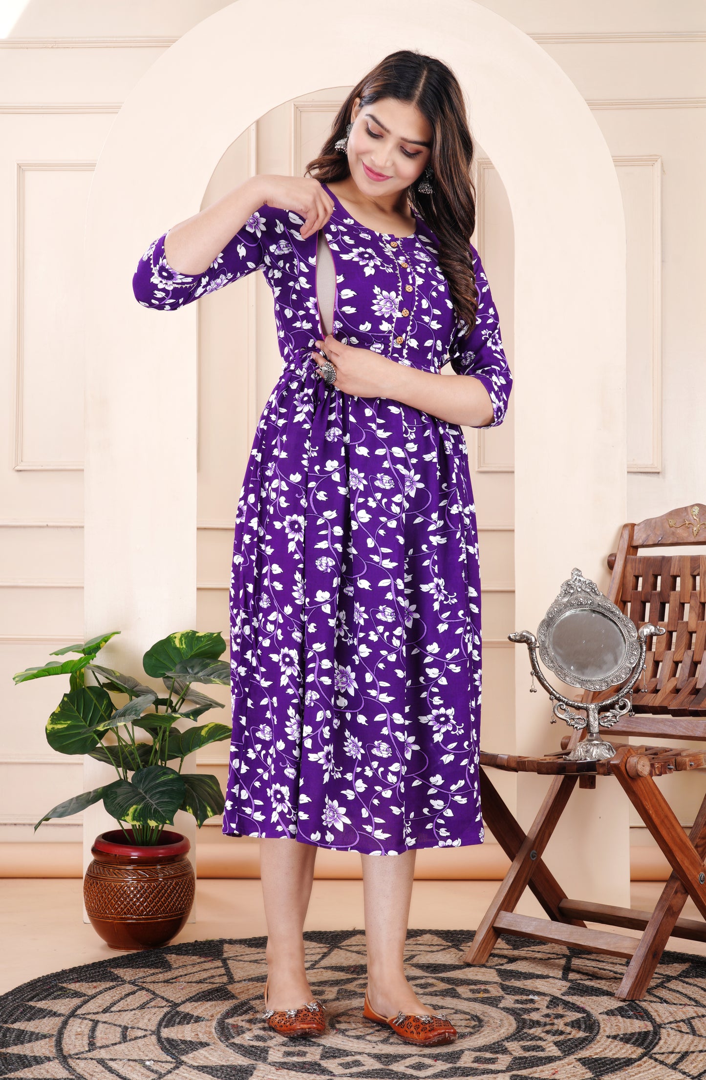 Indigo Floral Print Cotton Maternity Feeding Kurti