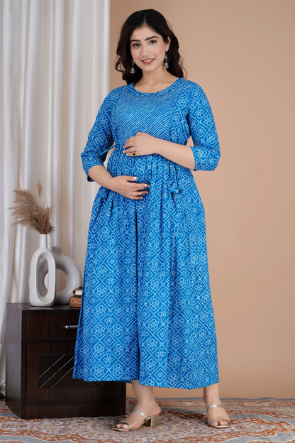 Women’s Feeding Maternity Kurti’s (Blue Lehariya Bhandej)