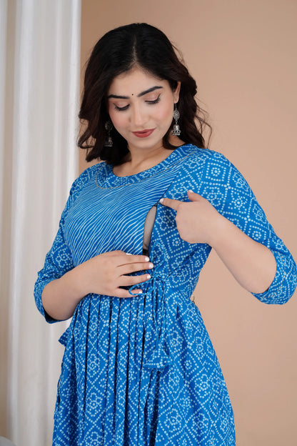 Women’s Feeding Maternity Kurti’s (Blue Lehariya Bhandej)