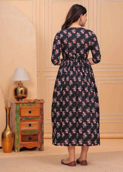 Black Floral Print Cotton Maternity Feeding Kurti