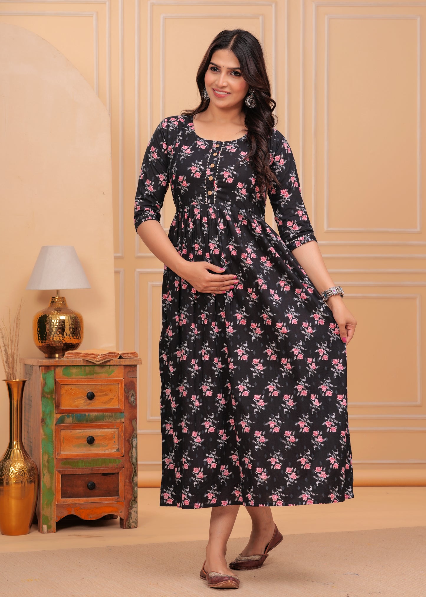 Black Floral Print Cotton Maternity Feeding Kurti