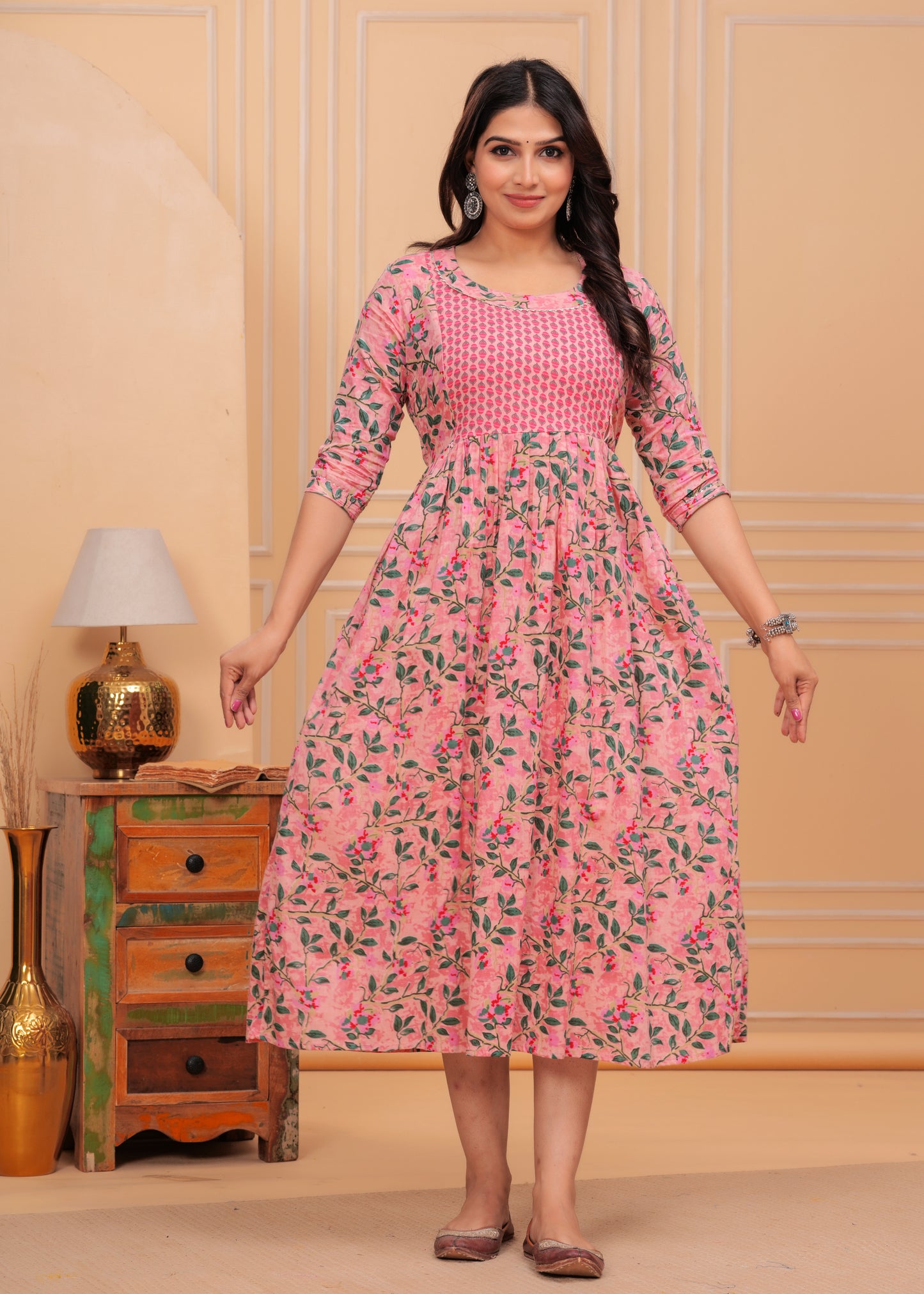 Peach Floral Print Cotton Maternity Feeding Kurti