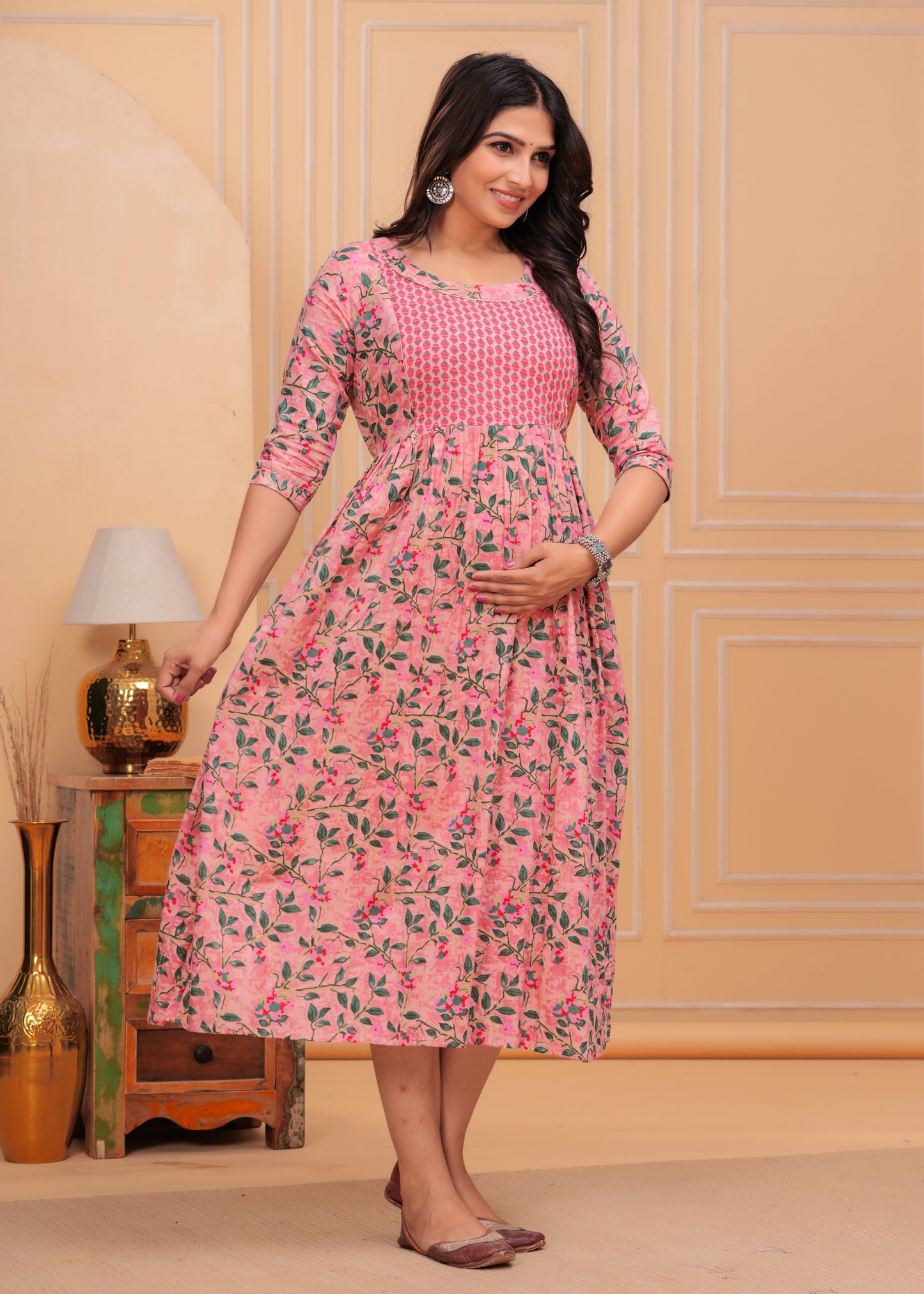 Peach Floral Print Cotton Maternity Feeding Kurti