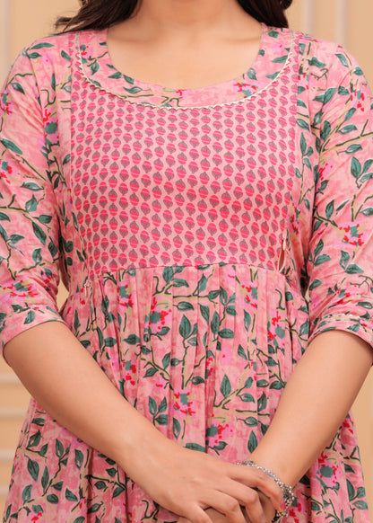 Peach Floral Print Cotton Maternity Feeding Kurti