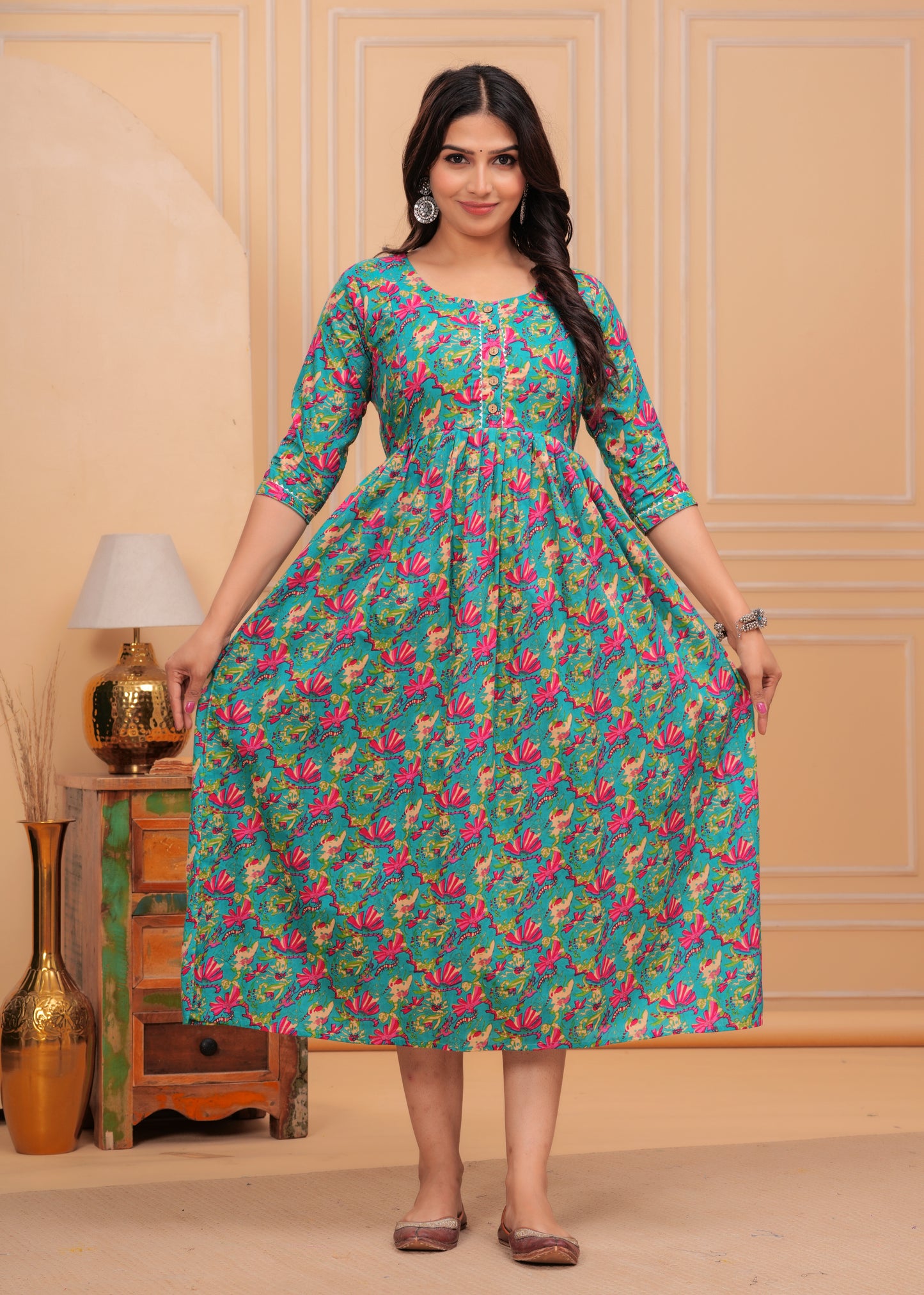 Green & Pink Floral Print Cotton Maternity Feeding Kurti