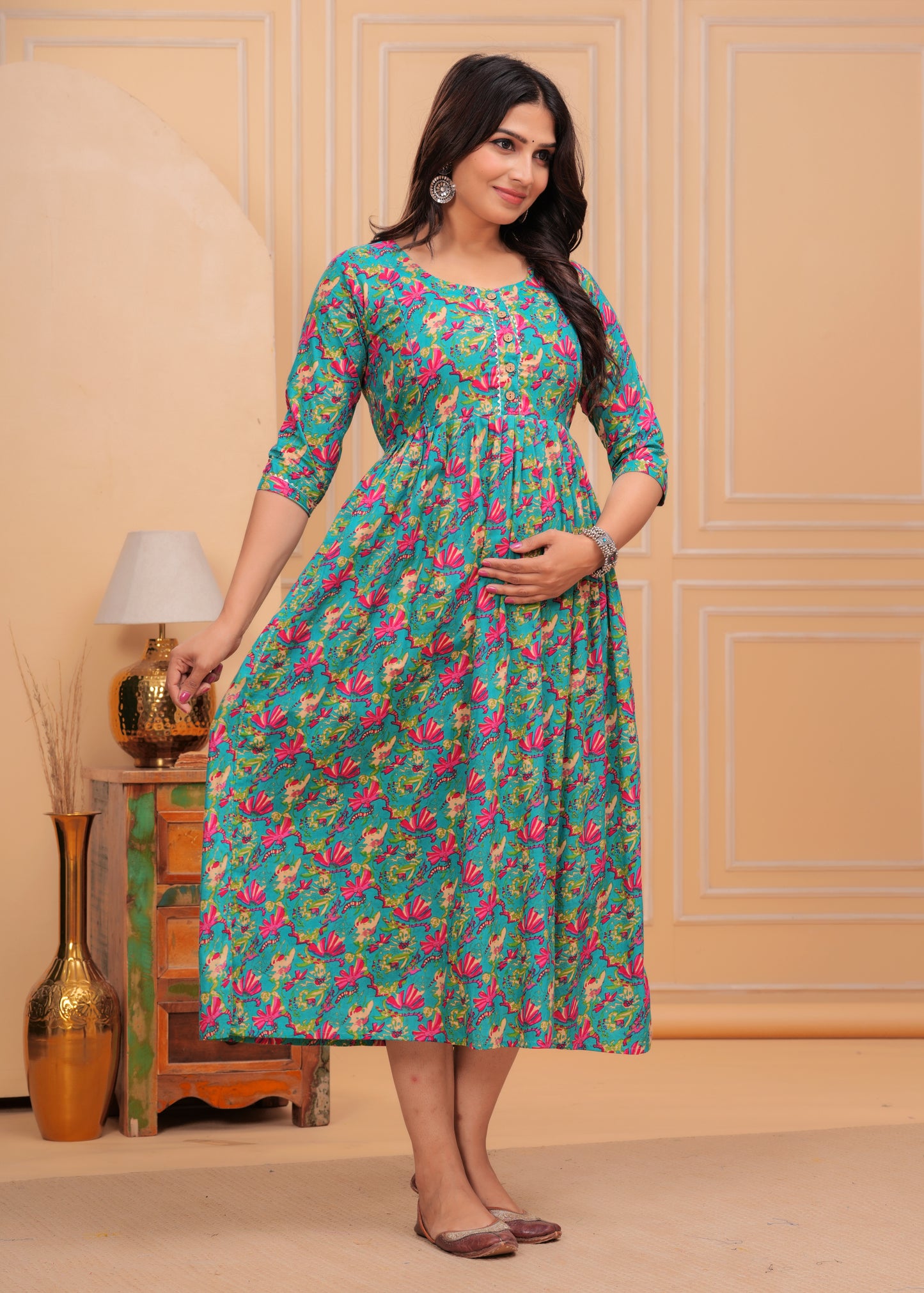 Green & Pink Floral Print Cotton Maternity Feeding Kurti