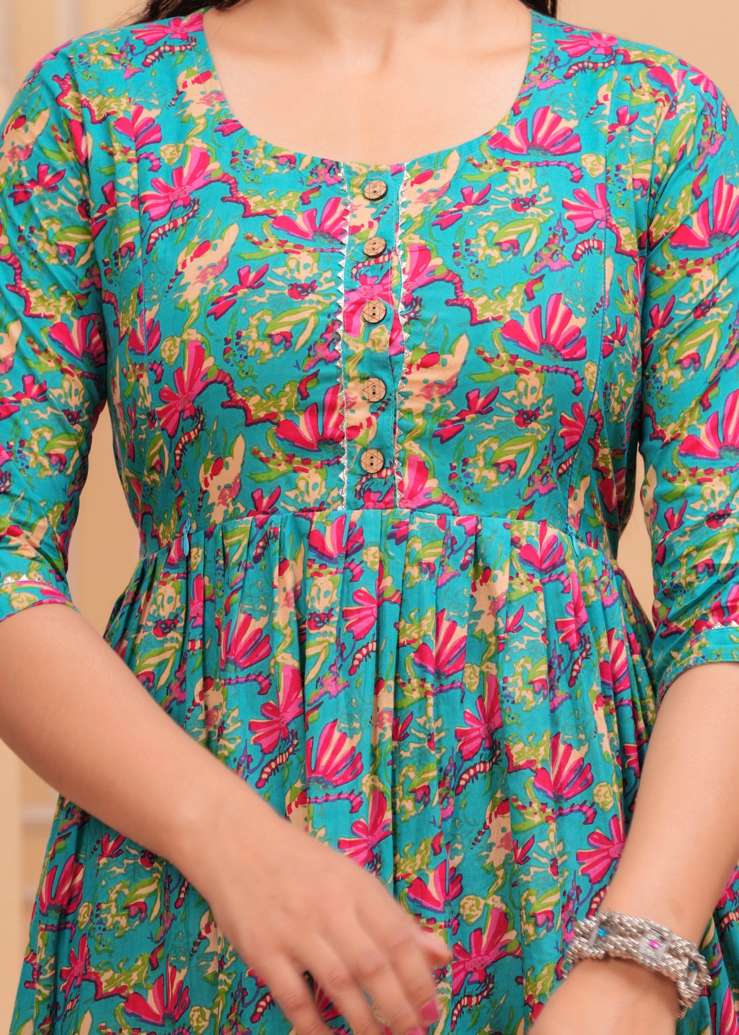 Green & Pink Floral Print Cotton Maternity Feeding Kurti