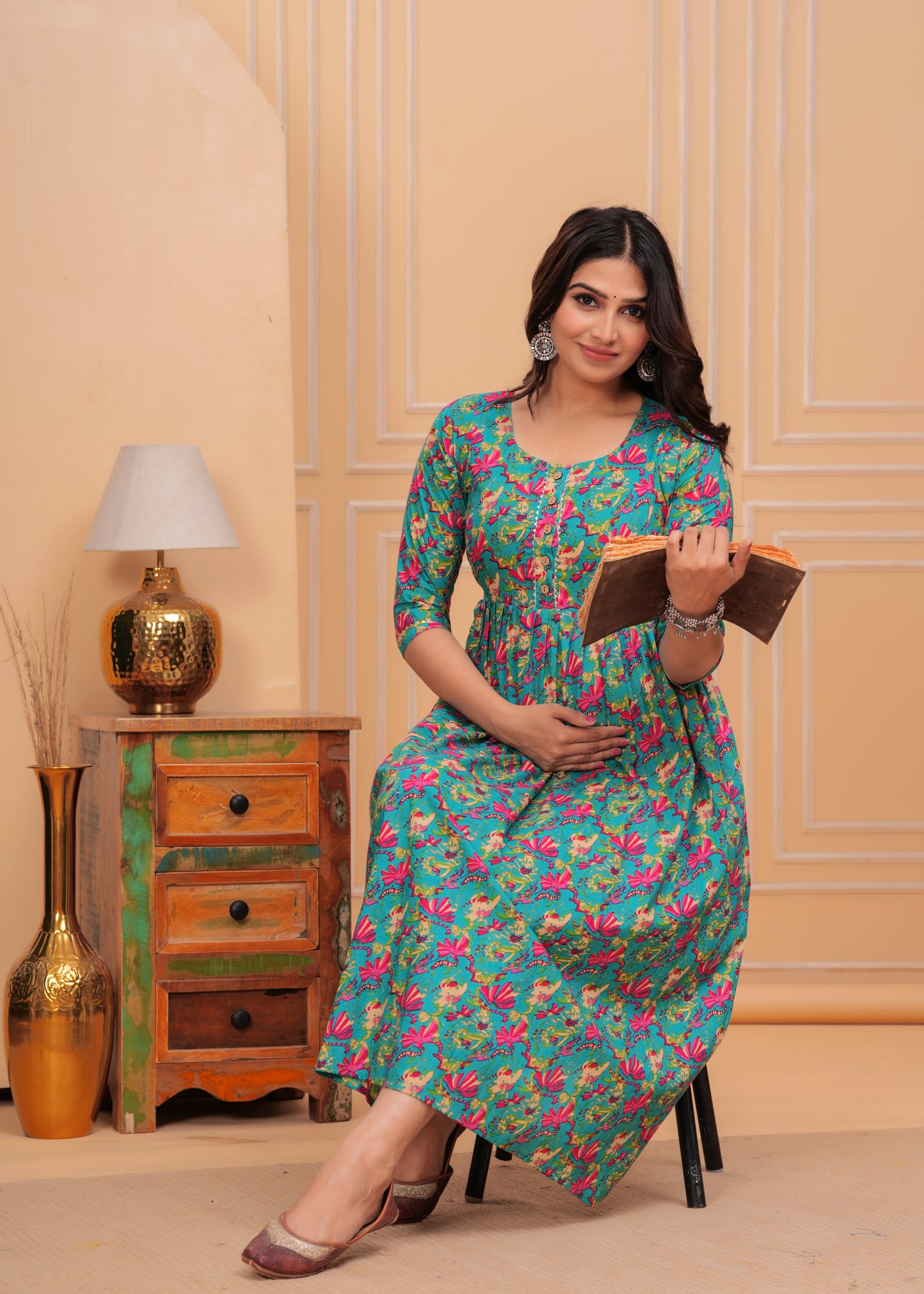 Green & Pink Floral Print Cotton Maternity Feeding Kurti