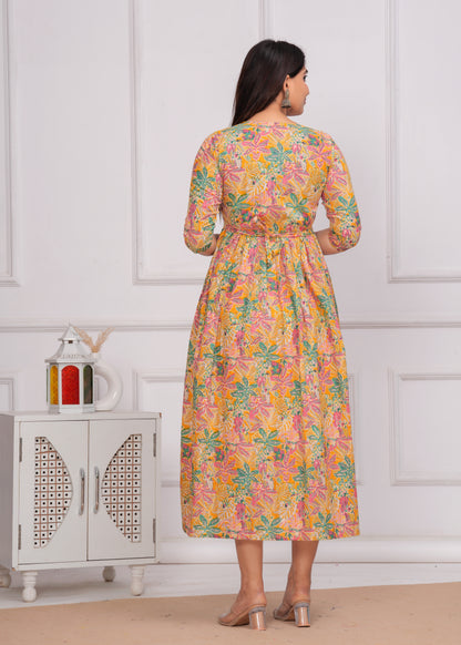 Yellow Floral Print Cotton Maternity Feeding Kurti