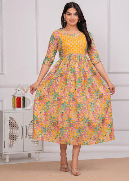 Yellow Floral Print Cotton Maternity Feeding Kurti