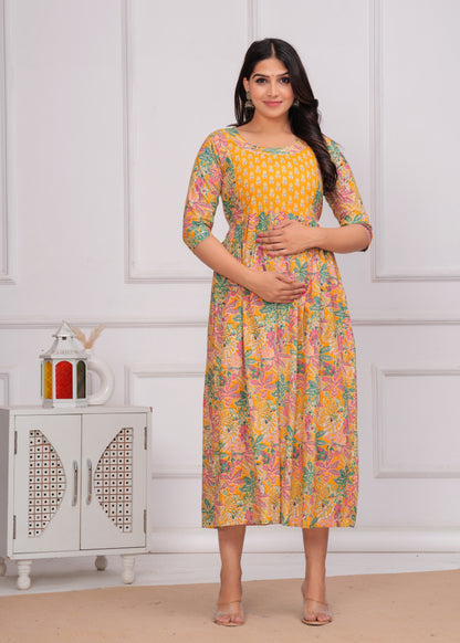 Yellow Floral Print Cotton Maternity Feeding Kurti