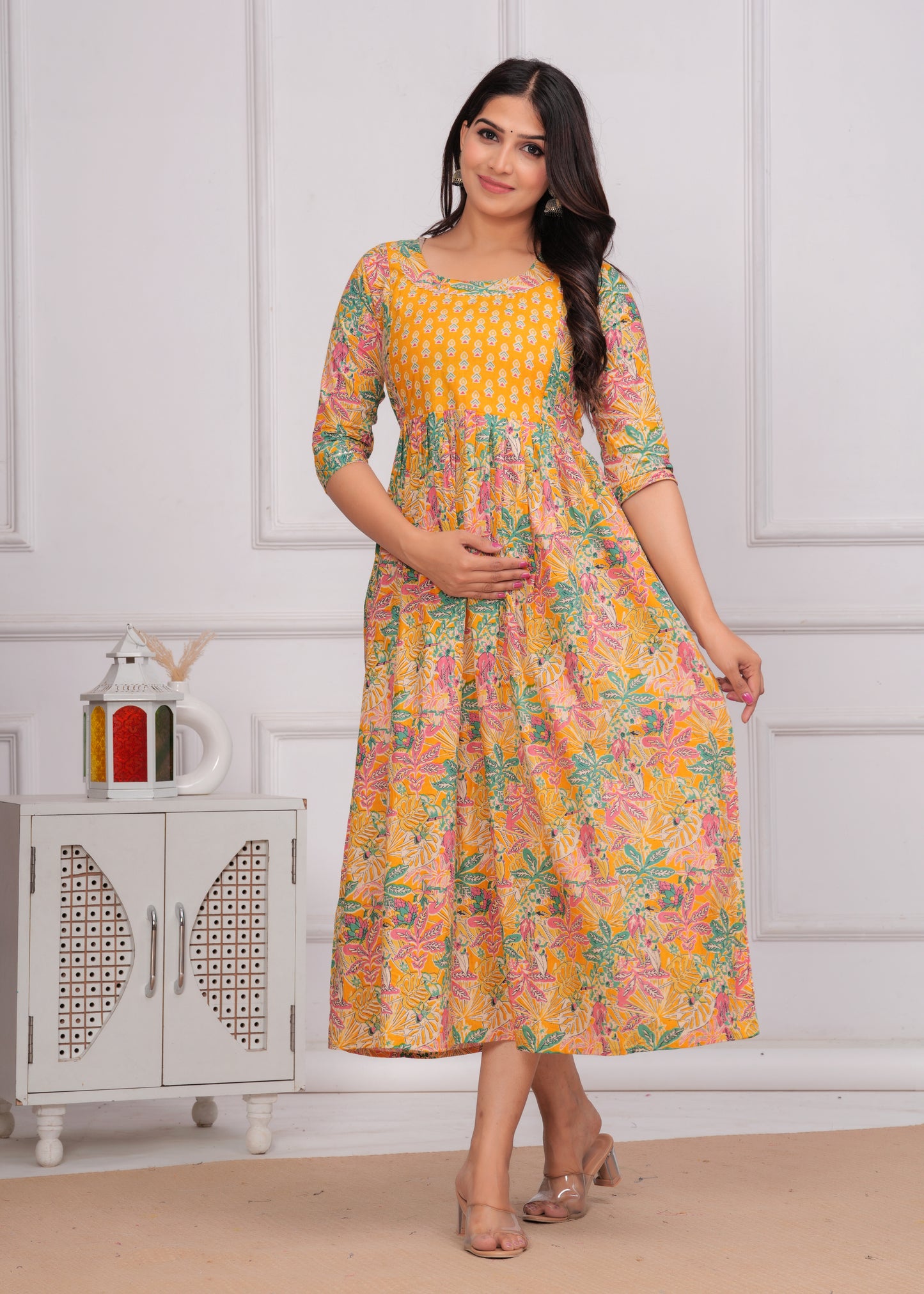 Yellow Floral Print Cotton Maternity Feeding Kurti