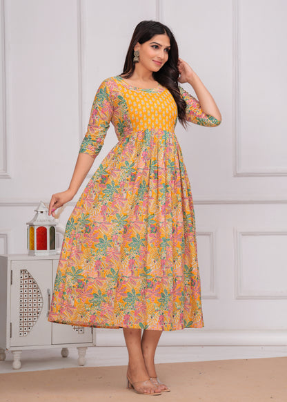 Yellow Floral Print Cotton Maternity Feeding Kurti