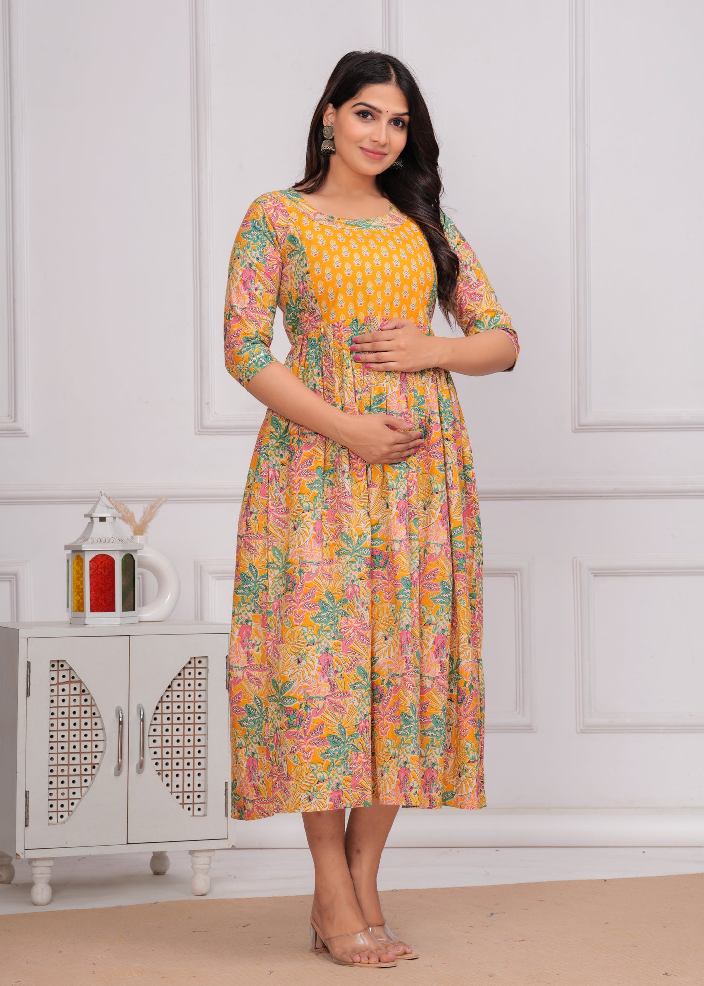 Yellow Floral Print Cotton Maternity Feeding Kurti