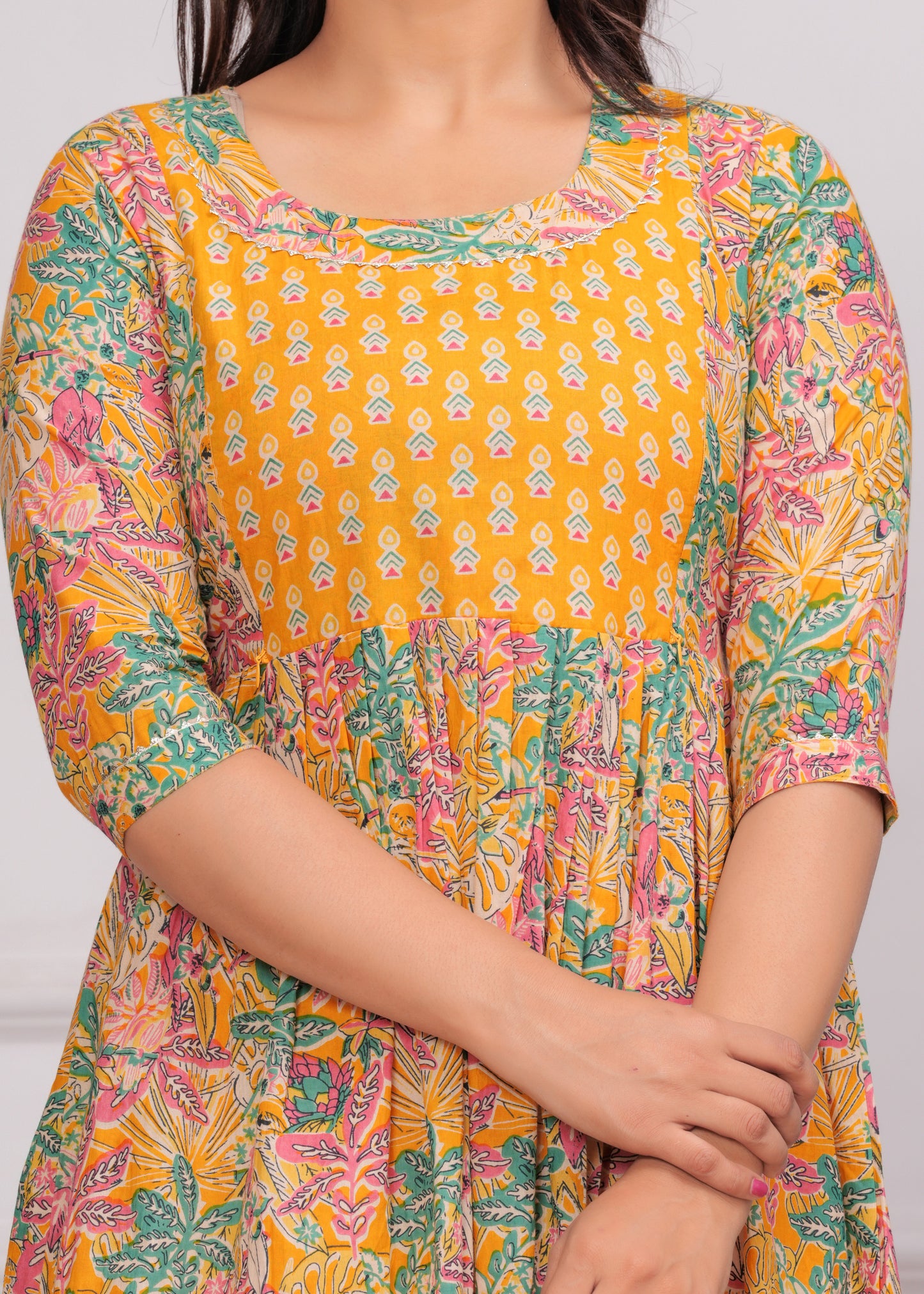 Yellow Floral Print Cotton Maternity Feeding Kurti