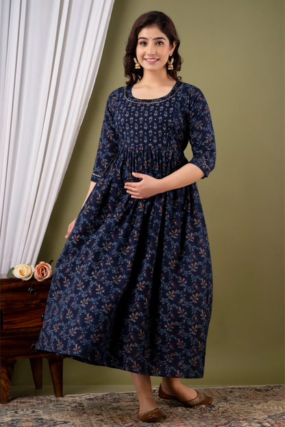 Women’s Feeding Rayon Gown Maternity Kurti’s (Blue Gold)