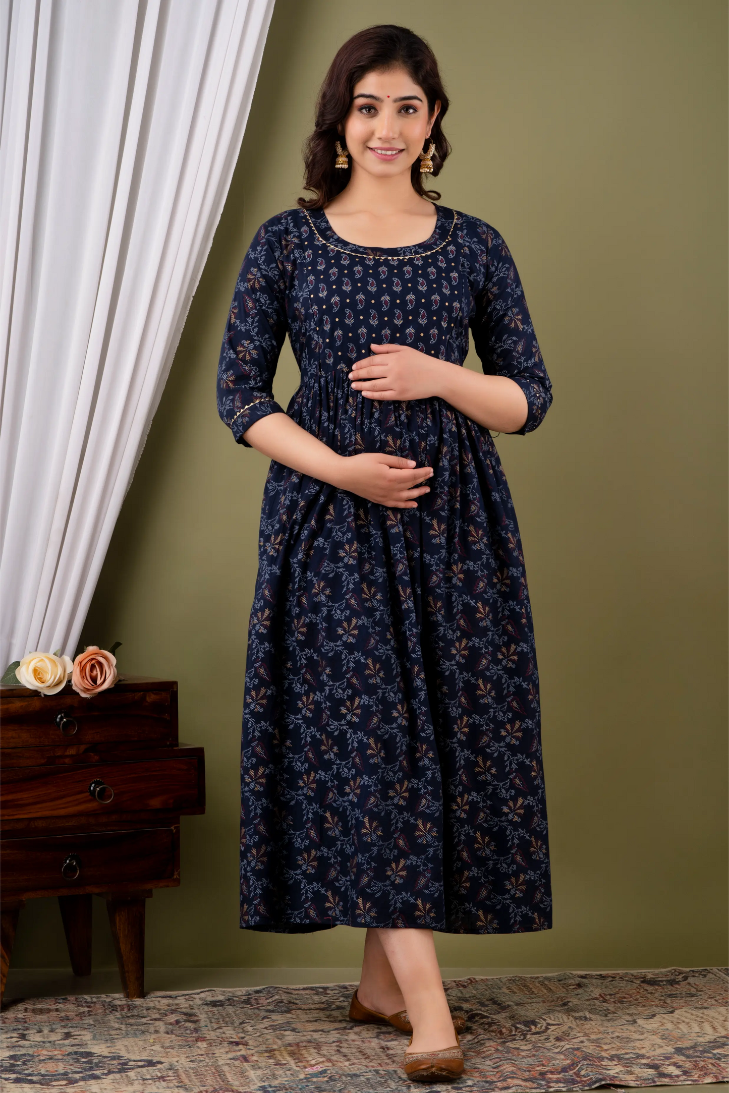 Women’s Feeding Rayon Gown Maternity Kurti’s (Blue Gold)