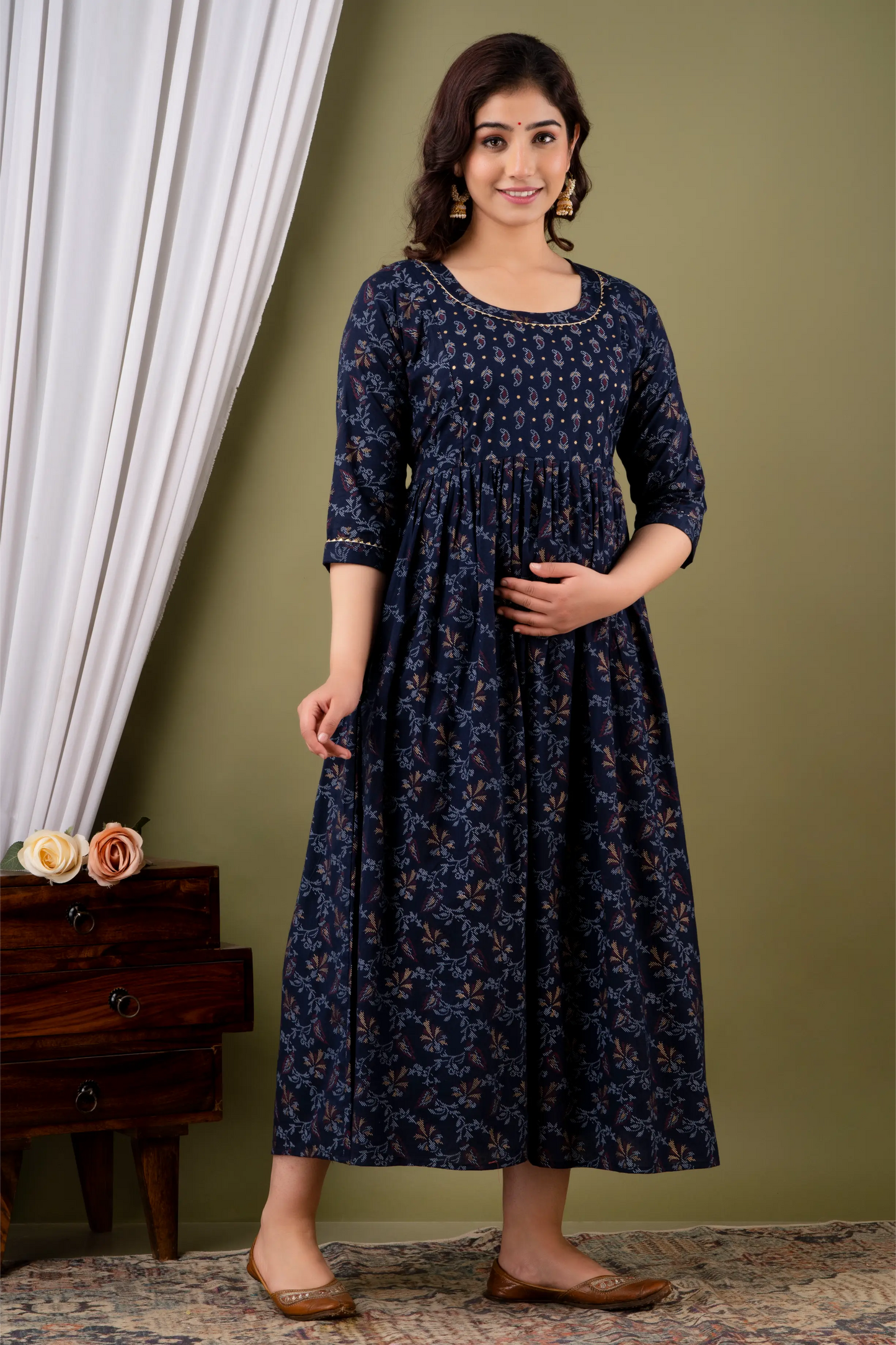 Women’s Feeding Rayon Gown Maternity Kurti’s (Blue Gold)