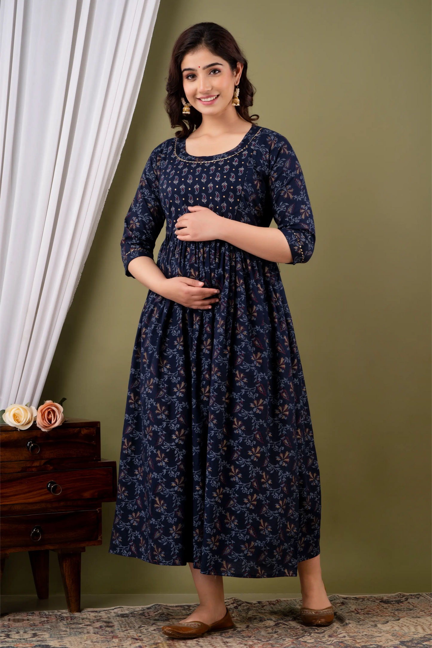 Women’s Feeding Rayon Gown Maternity Kurti’s (Blue Gold)