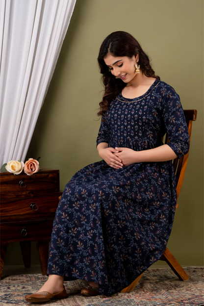 Women’s Feeding Rayon Gown Maternity Kurti’s (Blue Gold)