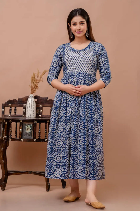 Women’s Feeding Rayon Gown Maternity Kurti’s (White Blue)