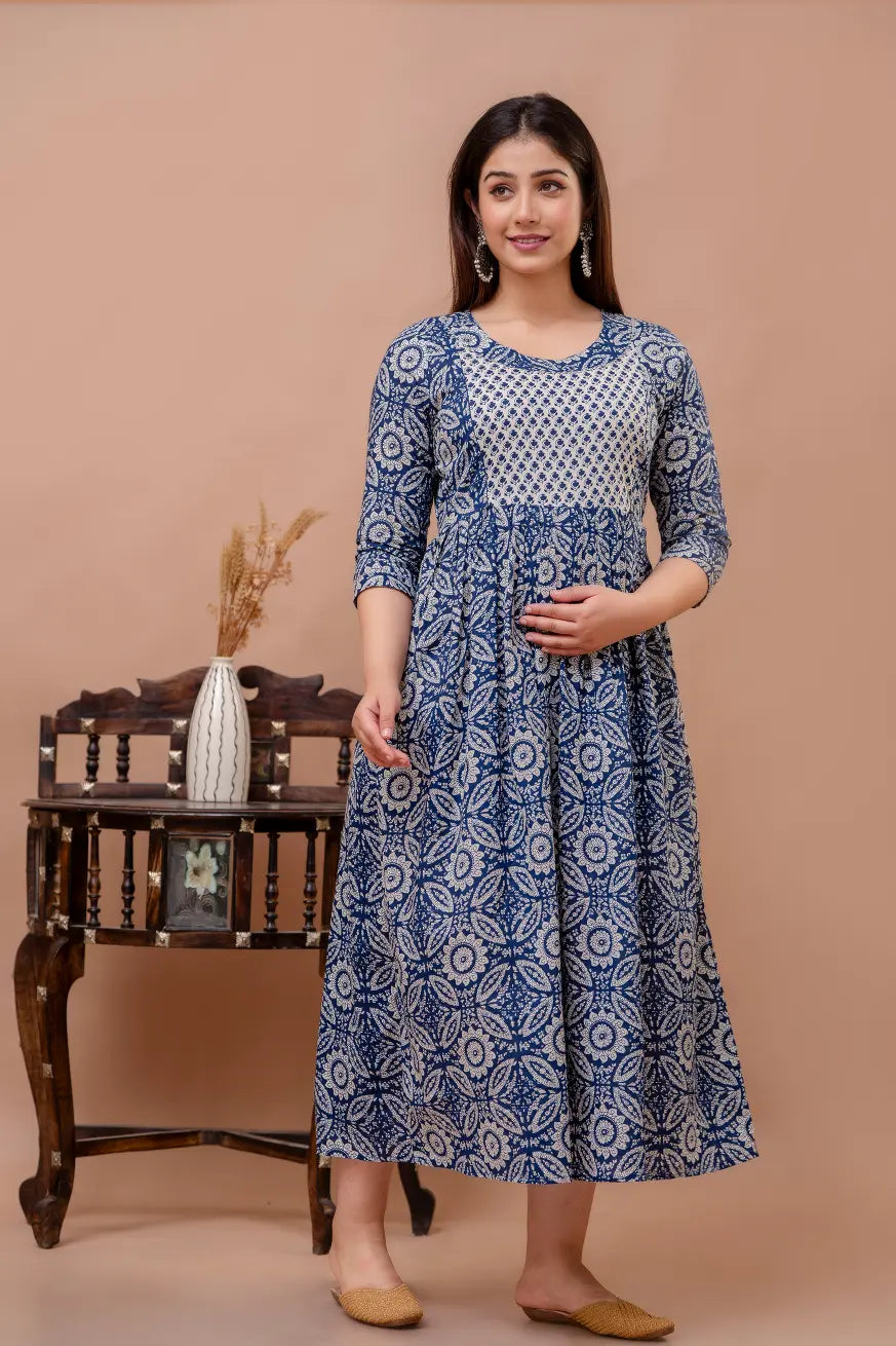 Women’s Feeding Rayon Gown Maternity Kurti’s (White Blue)