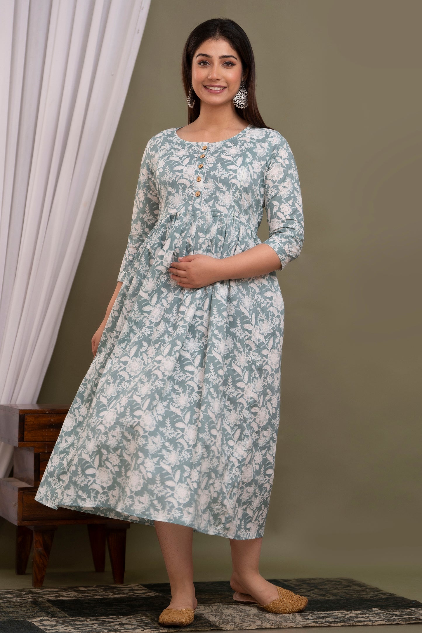 Women's Pure Cotton Printed Maternity Gown Feeding Dress