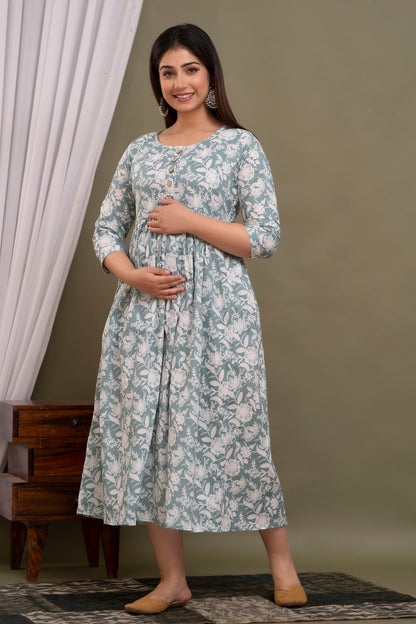 Women's Pure Cotton Printed Maternity Gown Feeding Dress