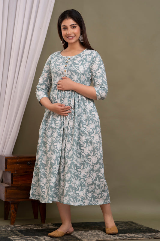 Women's Pure Cotton Printed Maternity Gown Feeding Dress