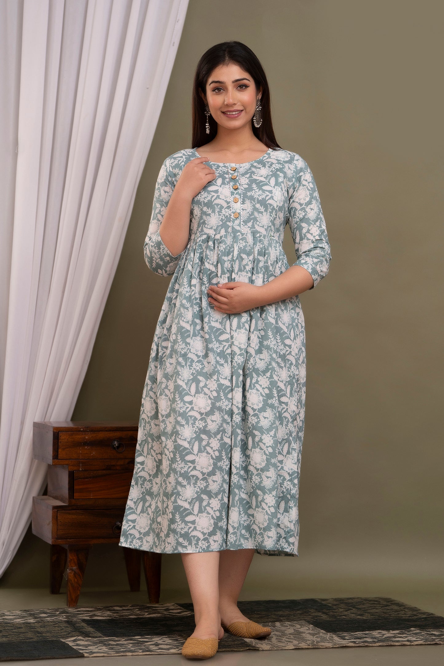 Women's Pure Cotton Printed Maternity Gown Feeding Dress